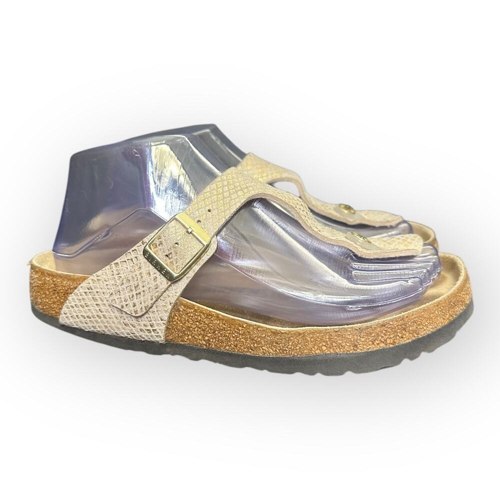 Birkenstock Tan Textured Thong Sandals with Gold Buckle